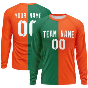 Custom Kelly Green Orange Neck Split Design Long Sleeve Performance T-Shirt