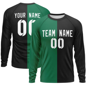 Custom Kelly Green Black Neck Split Design Long Sleeve Performance T-Shirt