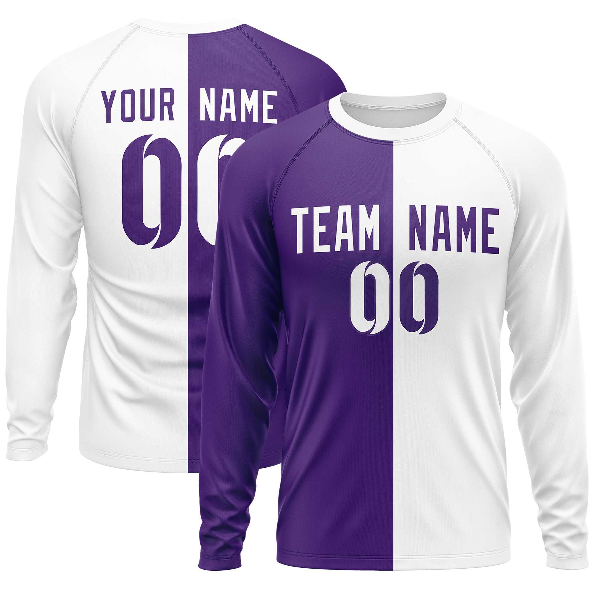 Custom Purple White Neck Split Design Long Sleeve Performance T-Shirt