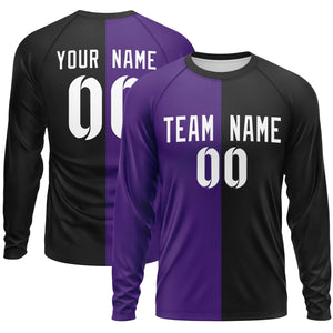 Custom Purple Black Neck Split Design Long Sleeve Performance T-Shirt