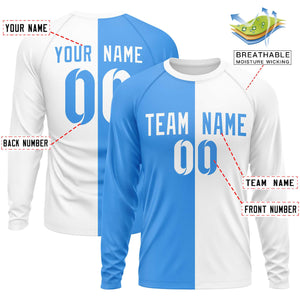 Custom Powder Blue White Neck Split Design Long Sleeve Performance T-Shirt