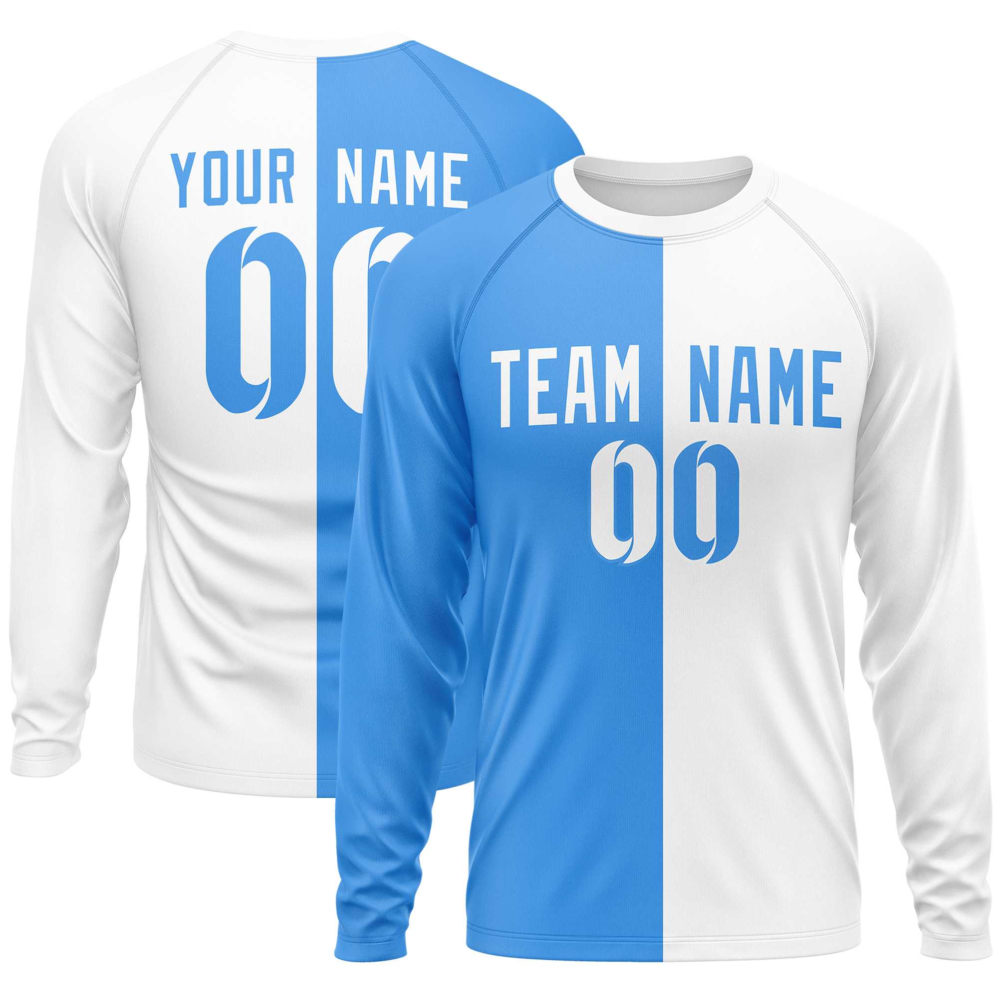 Custom Powder Blue White Neck Split Design Long Sleeve Performance T-Shirt