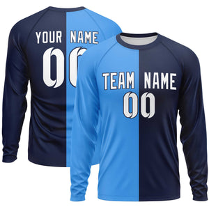 Custom Powder Blue Navy Neck Split Design Long Sleeve Performance T-Shirt