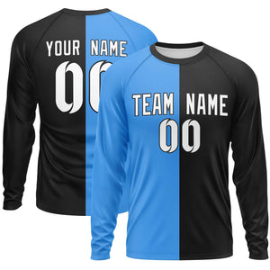 Custom Powder Blue Black Neck Split Design Long Sleeve Performance T-Shirt