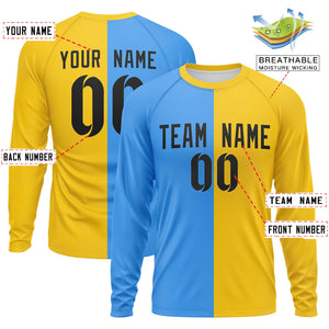 Custom Powder Blue Gold Neck Split Design Long Sleeve Performance T-Shirt