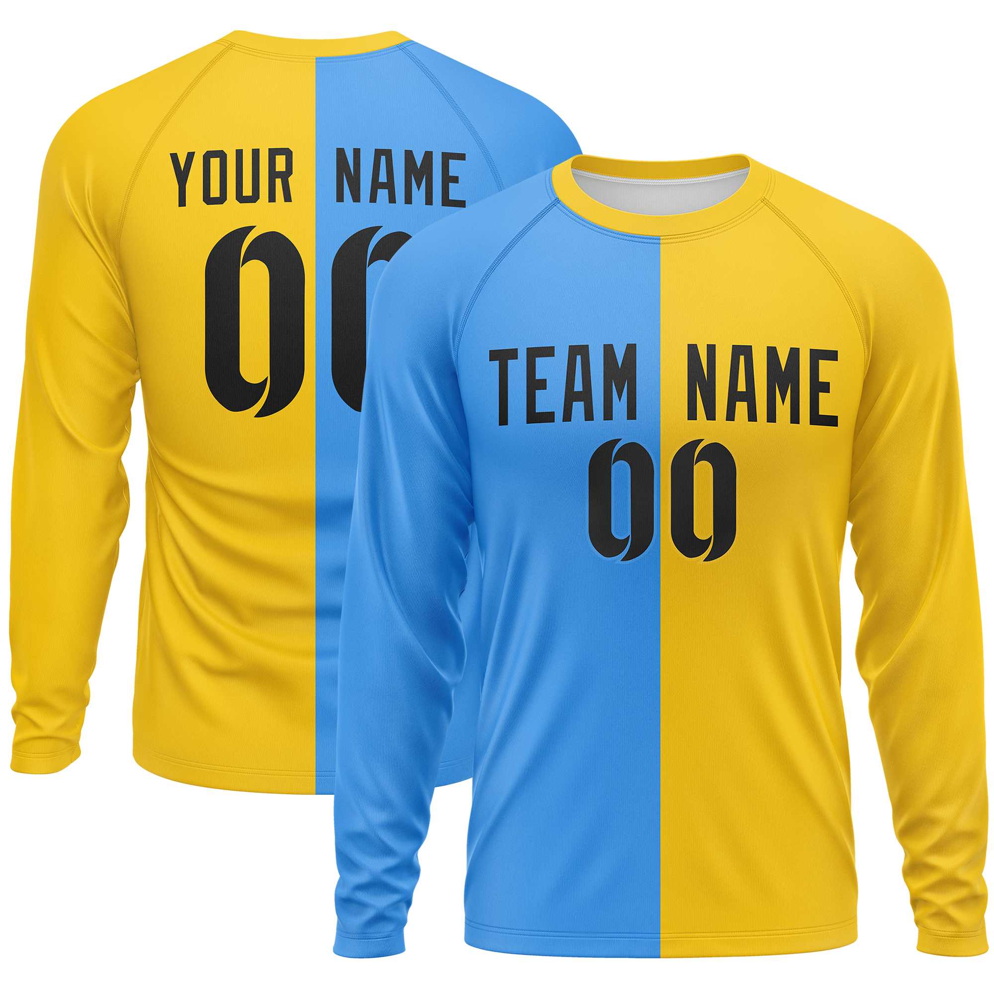 Custom Powder Blue Gold Neck Split Design Long Sleeve Performance T-Shirt