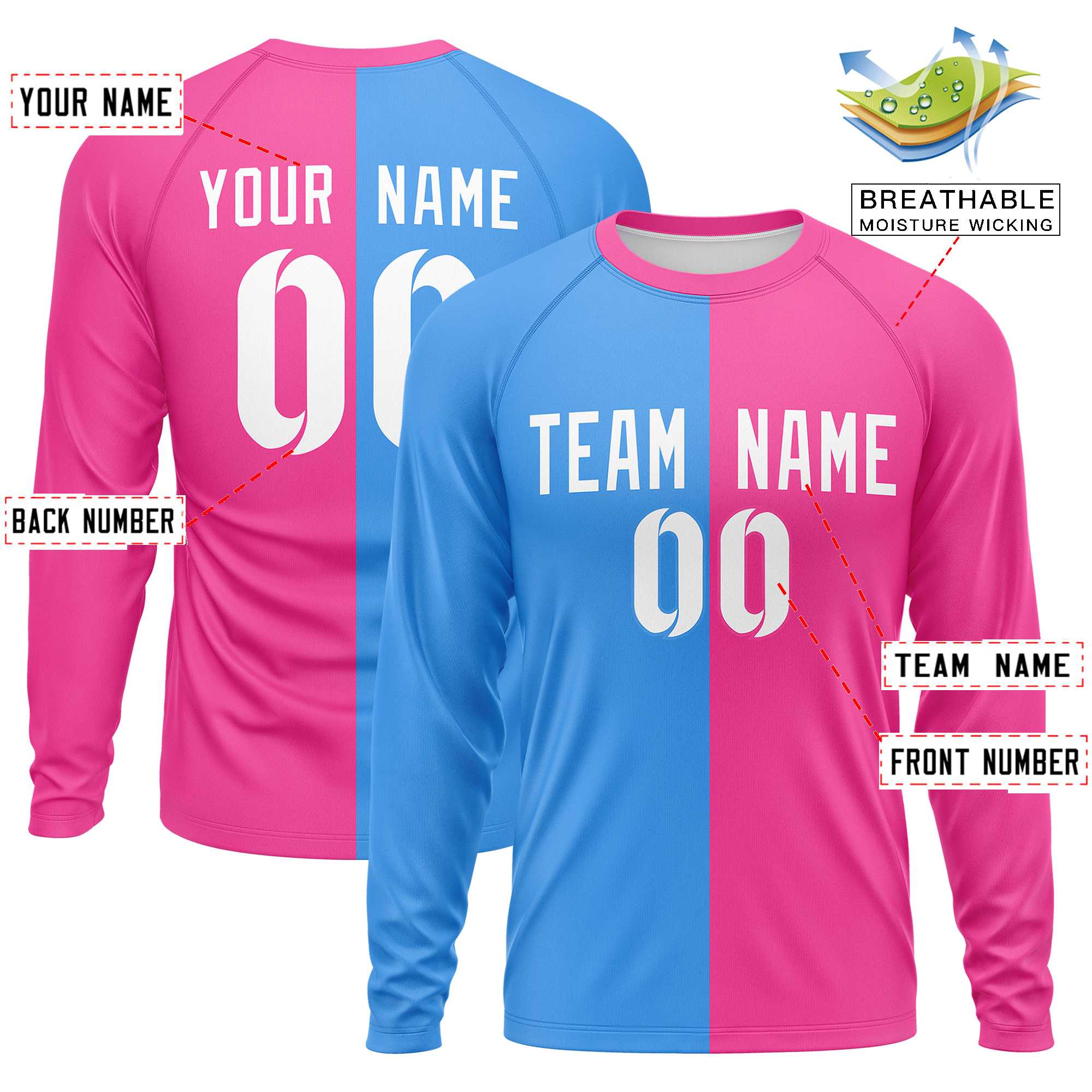 Custom Powder Blue Pink Neck Split Design Long Sleeve Performance T-Shirt