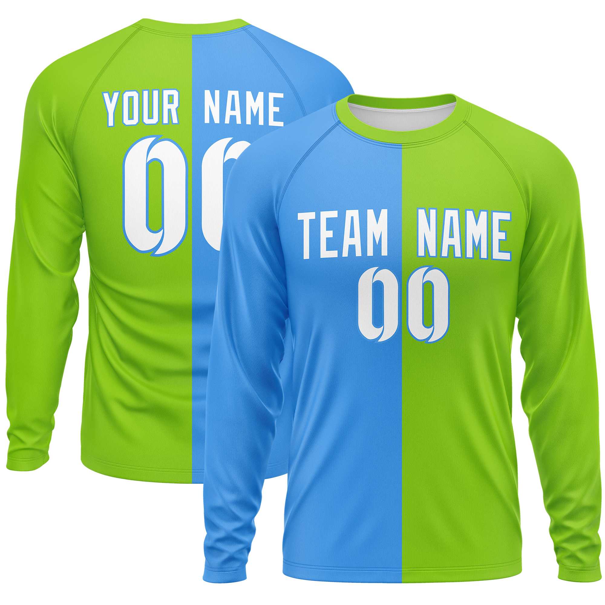 Custom Powder Blue Neon Green Neck Split Design Long Sleeve Performance T-Shirt