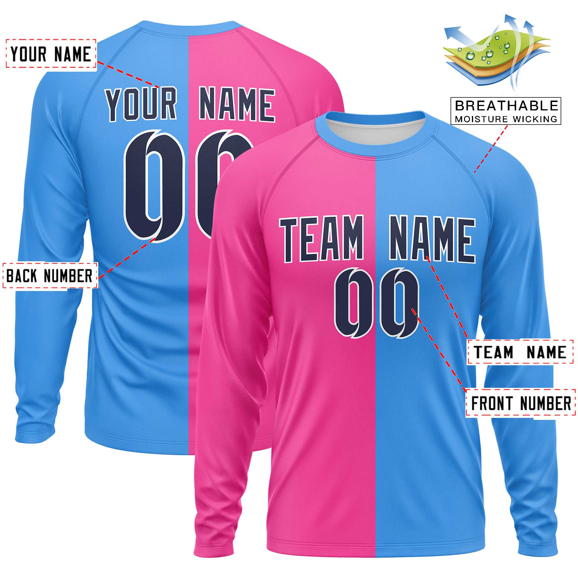 Custom Pink Powder Blue Neck Split Design Long Sleeve Performance T-Shirt