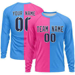 Custom Pink Powder Blue Neck Split Design Long Sleeve Performance T-Shirt