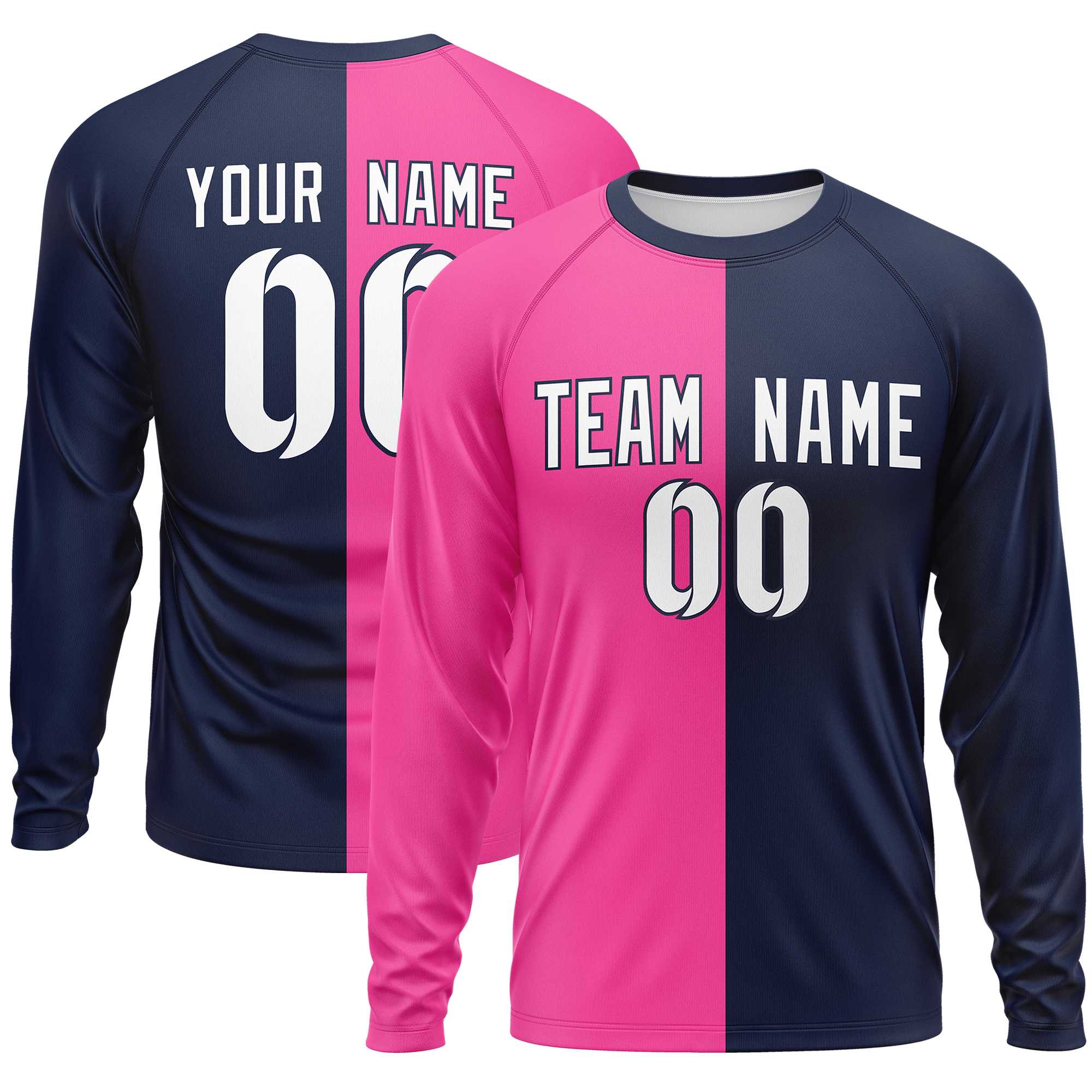 Custom Pink Navy Neck Split Design Long Sleeve Performance T-Shirt