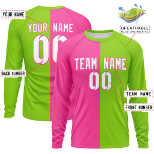 Custom Pink Neon Green Neck Split Design Long Sleeve Performance T-Shirt