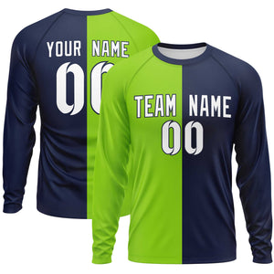 Custom Neon Green Navy Neck Split Design Long Sleeve Performance T-Shirt