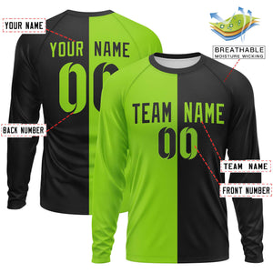 Custom Neon Green Black Neck Split Design Long Sleeve Performance T-Shirt