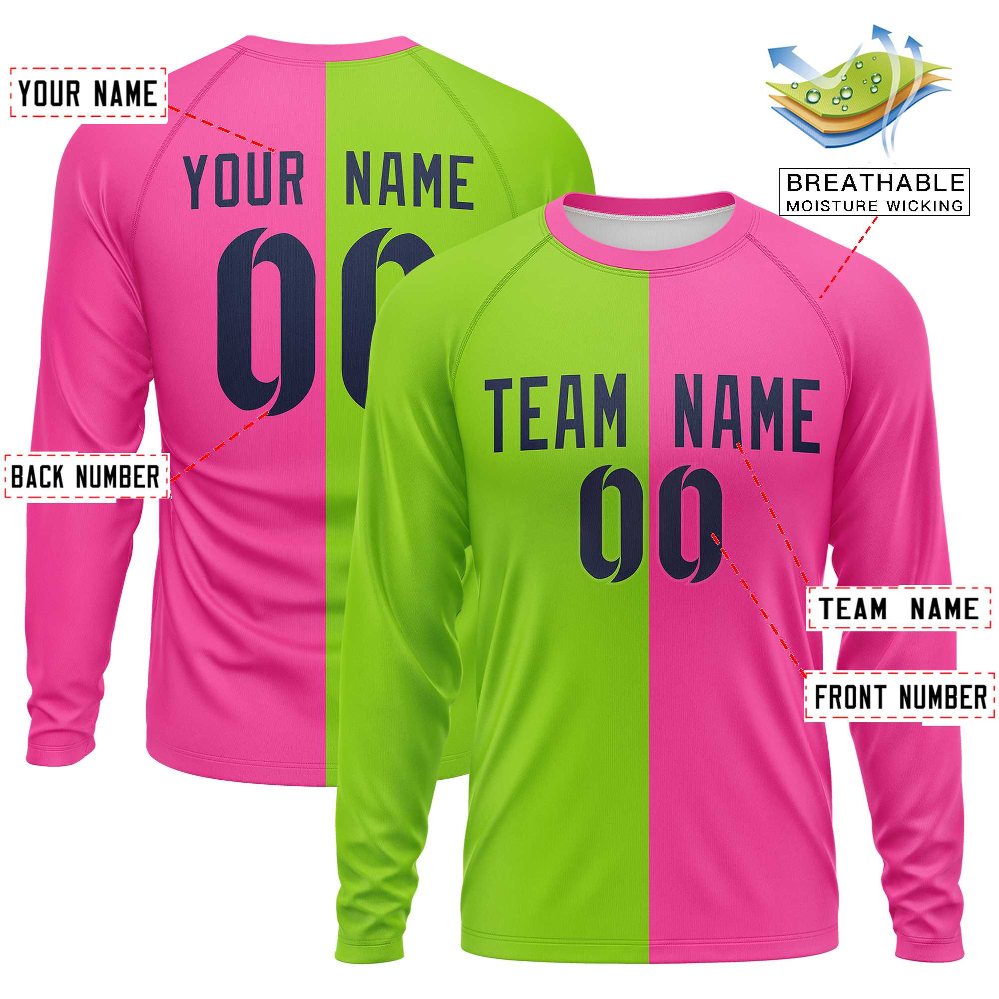 Custom Neon Green Pink Neck Split Design Long Sleeve Performance T-Shirt