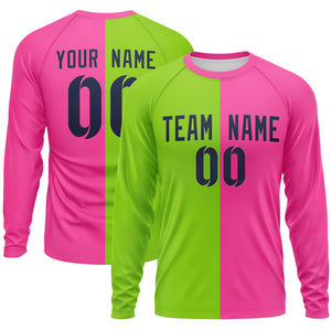 Custom Neon Green Pink Neck Split Design Long Sleeve Performance T-Shirt