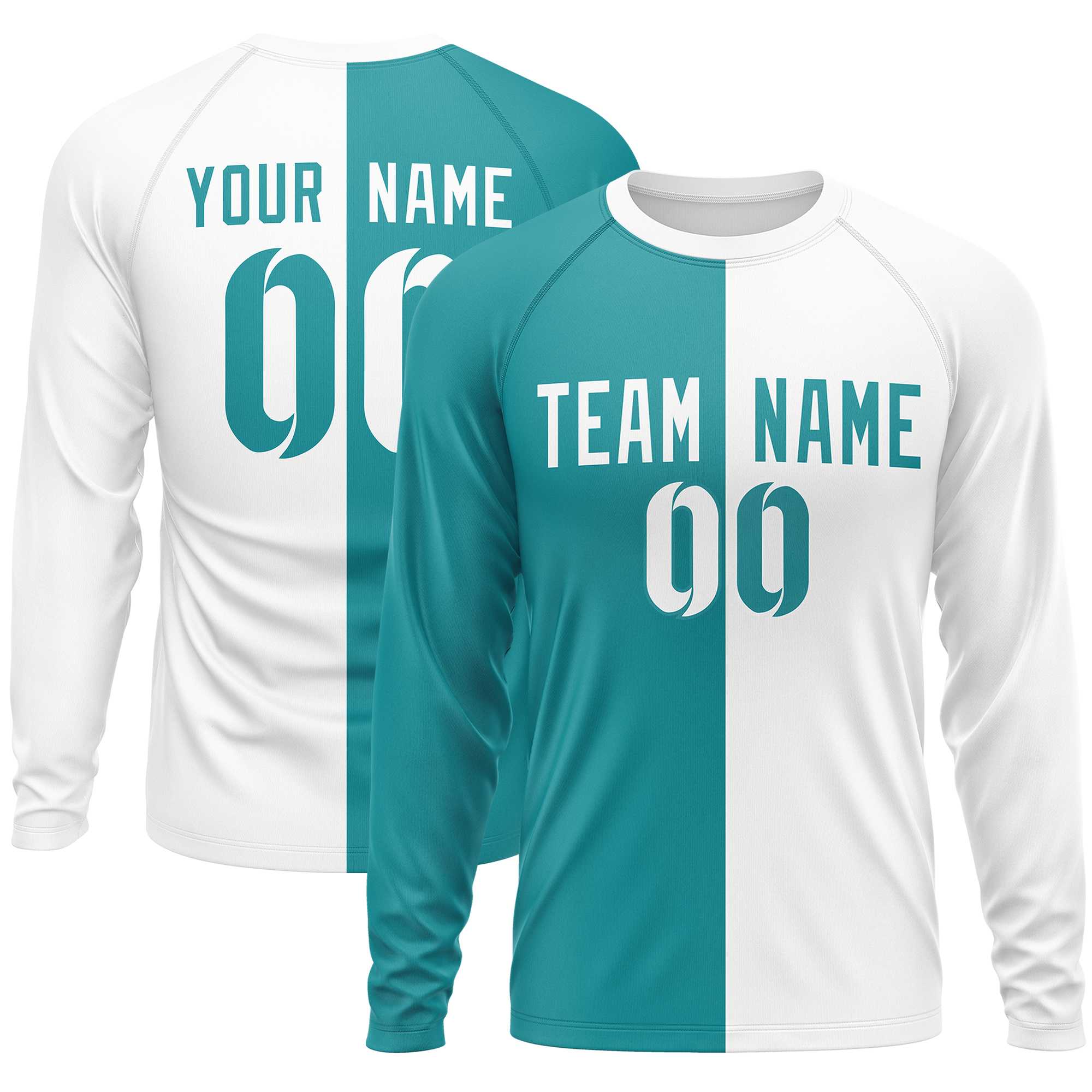 Custom Aqua White Neck Split Design Long Sleeve Performance T-Shirt