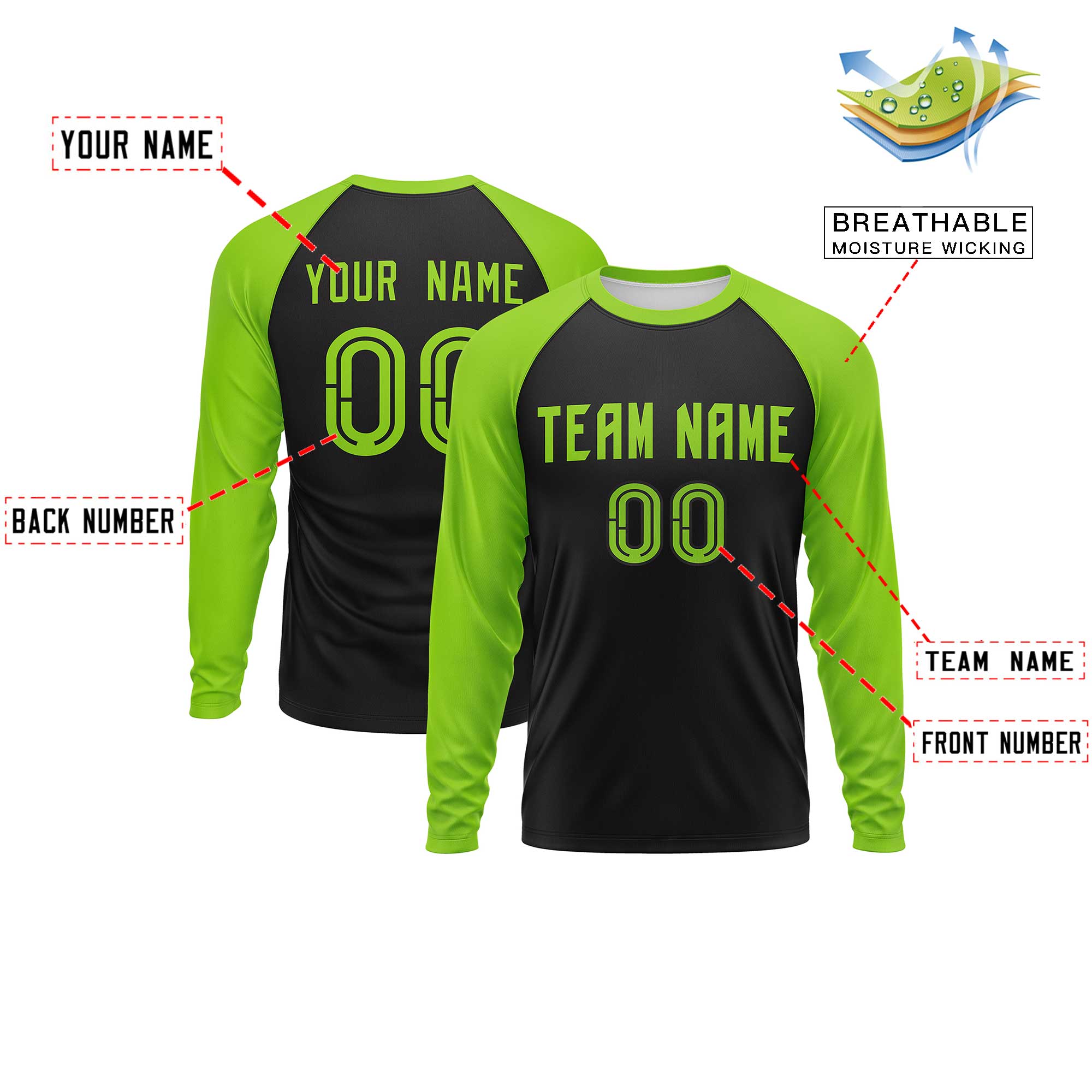 Custom Black Neon Green Crew Neck Split Design Long Sleeve Performance T-Shirt