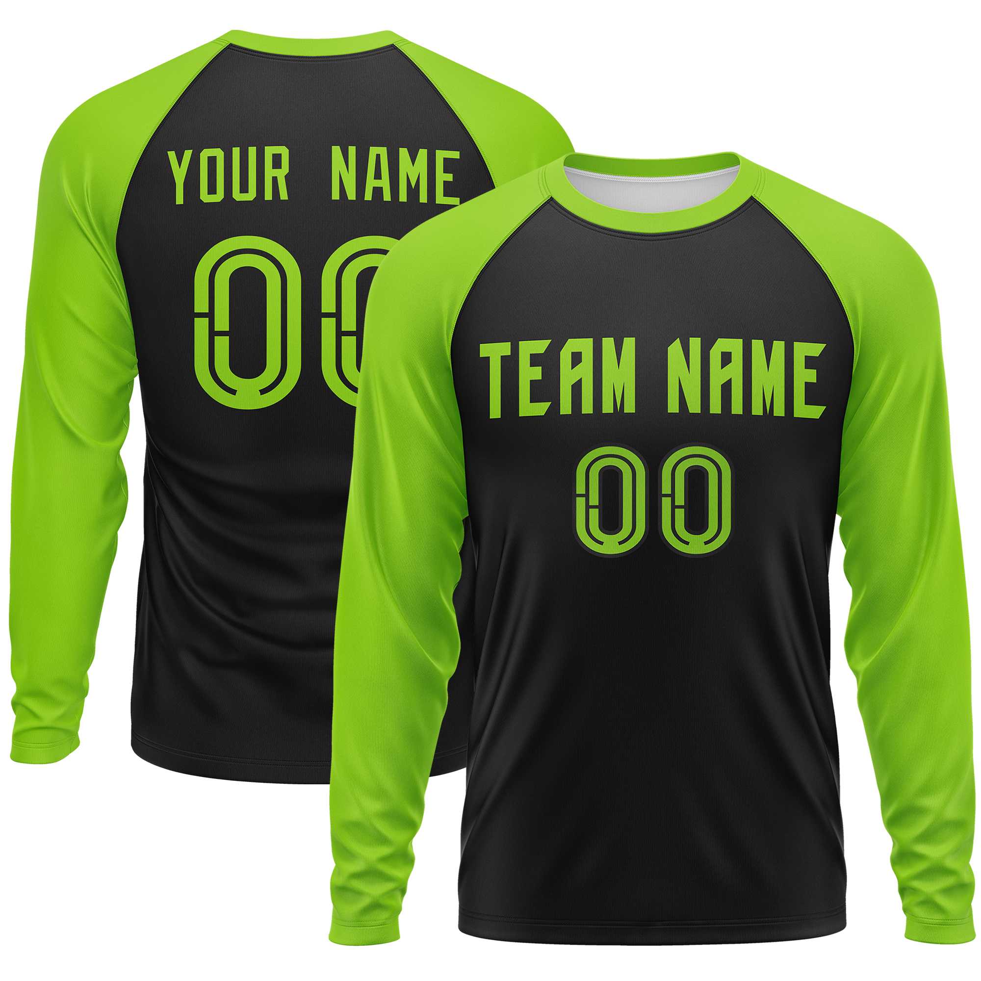 Custom Black Neon Green Crew Neck Split Design Long Sleeve Performance T-Shirt