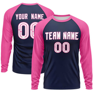 Custom Navy Pink Crew Neck Split Design Long Sleeve Performance T-Shirt