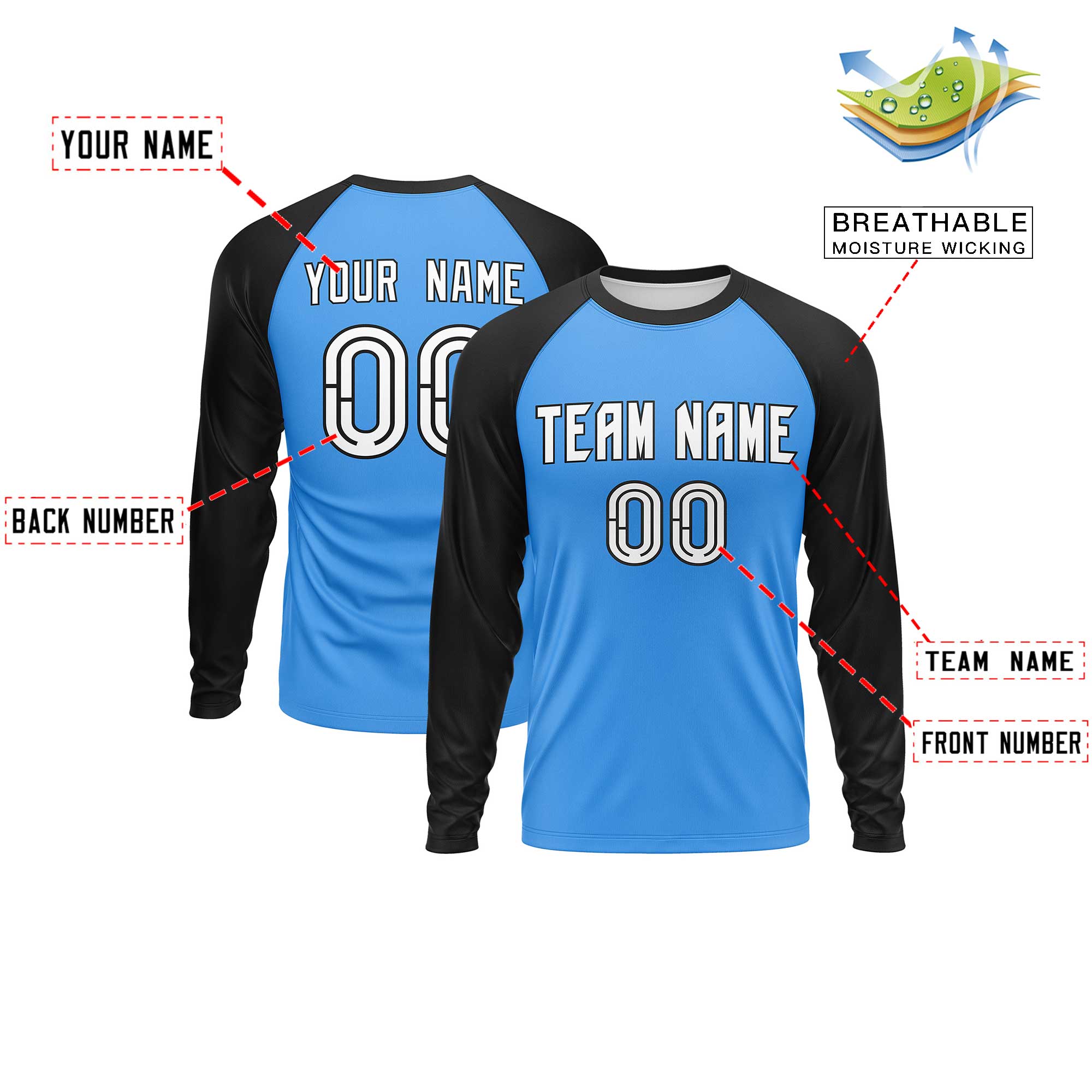 Custom Powder Blue Black Crew Neck Split Design Long Sleeve Performance T-Shirt