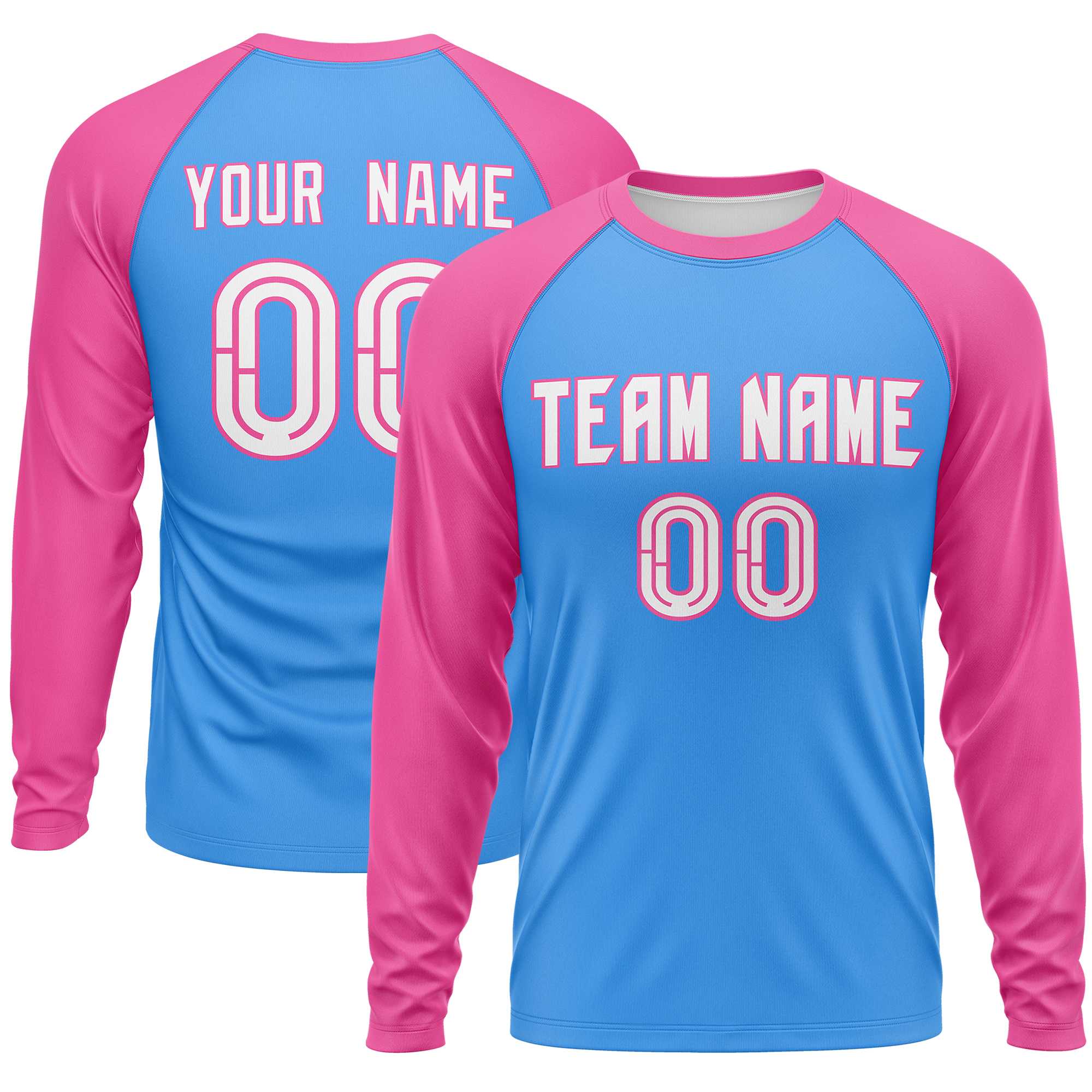 Custom Powder Blue Pink Crew Neck Split Design Long Sleeve Performance T-Shirt