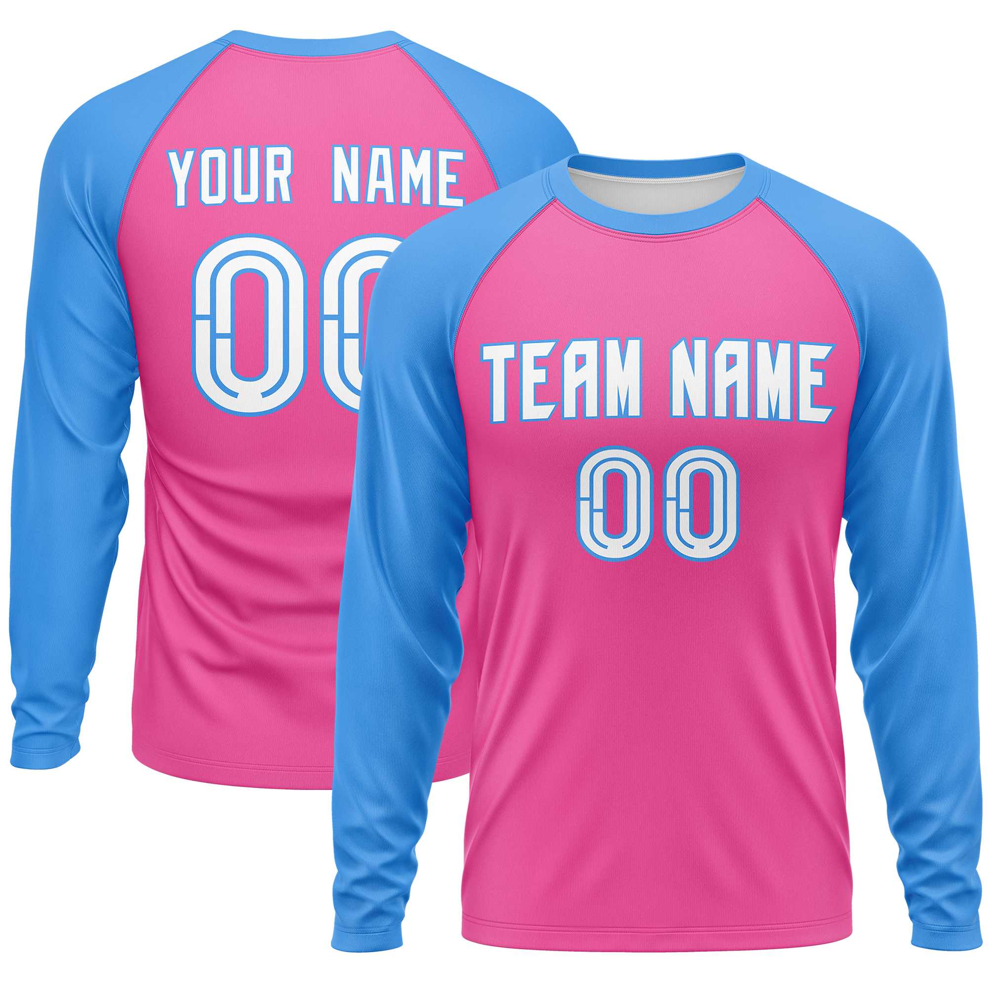 Custom Pink Powder Blue Crew Neck Split Design Long Sleeve Performance T-Shirt