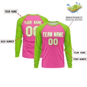 Custom Pink Neon Green Crew Neck Split Design Long Sleeve Performance T-Shirt