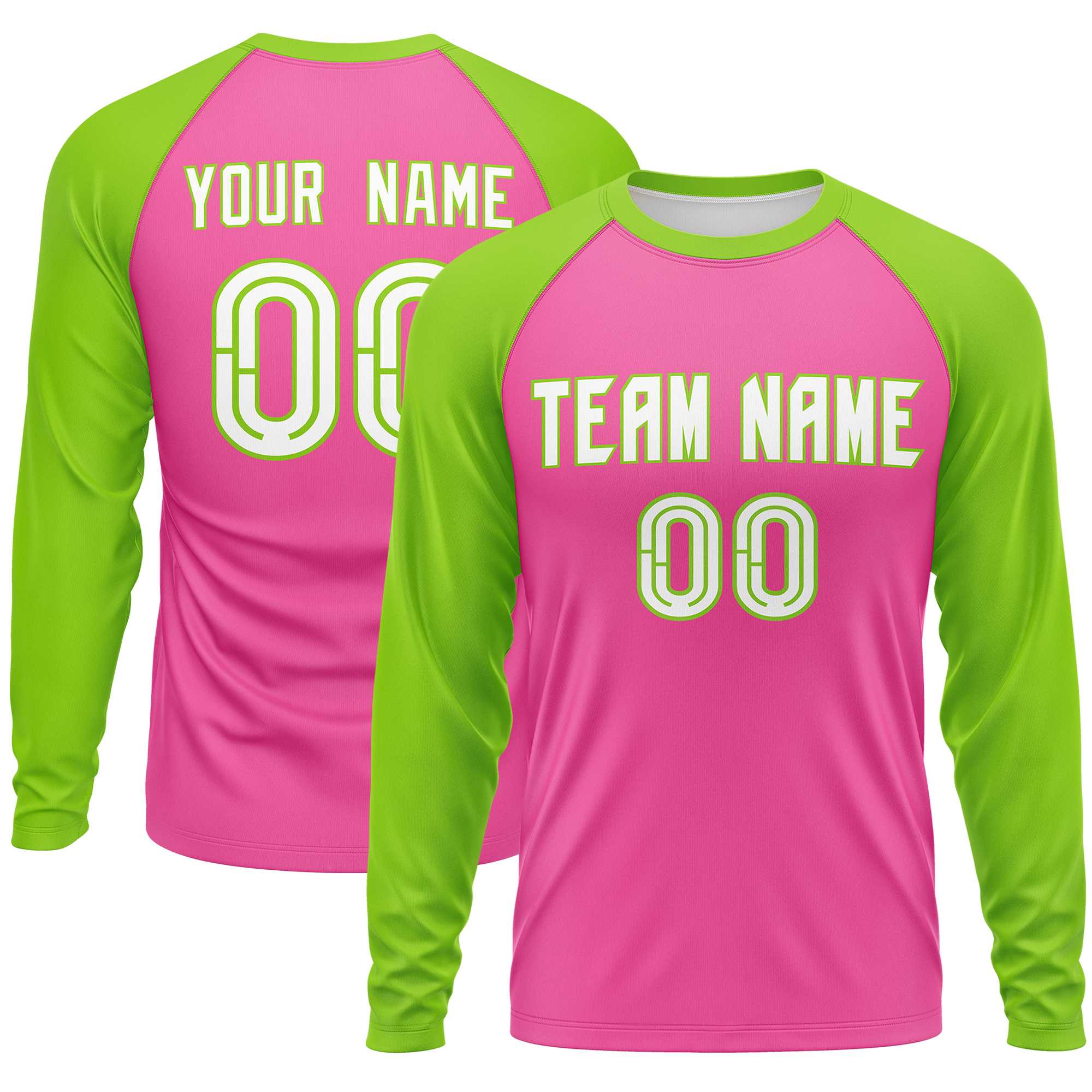 Custom Pink Neon Green Crew Neck Split Design Long Sleeve Performance T-Shirt