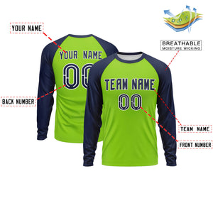 Custom Neon Green Navy Crew Neck Split Design Long Sleeve Performance T-Shirt