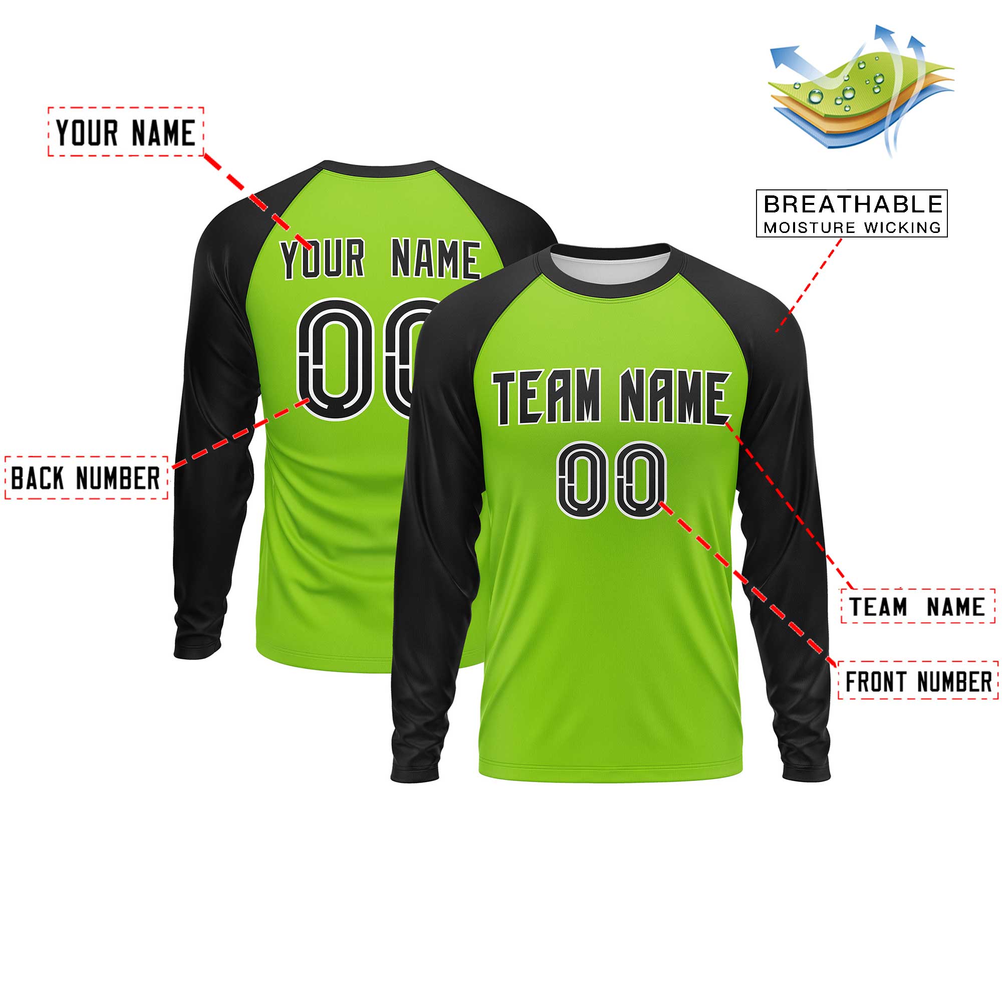 Custom Neon Green Black Crew Neck Split Design Long Sleeve Performance T-Shirt