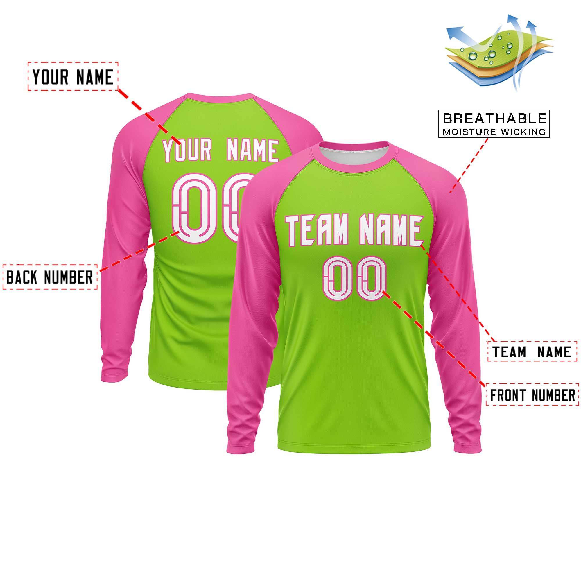 Custom Neon Green Pink Crew Neck Split Design Long Sleeve Performance T-Shirt