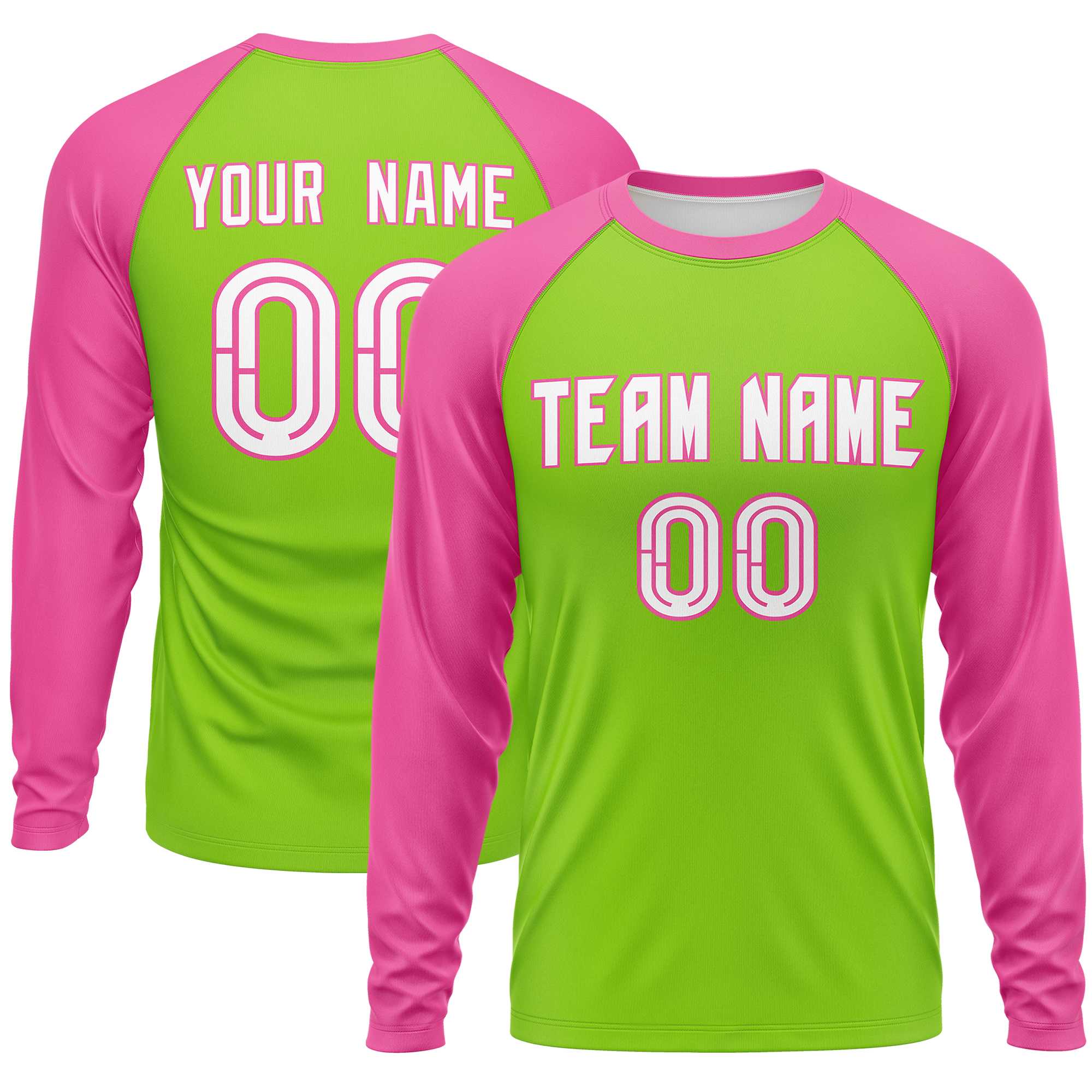 Custom Neon Green Pink Crew Neck Split Design Long Sleeve Performance T-Shirt