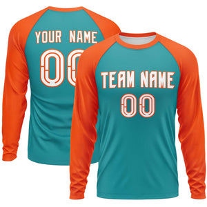 Custom Aqua Orange Crew Neck Split Design Long Sleeve Performance T-Shirt