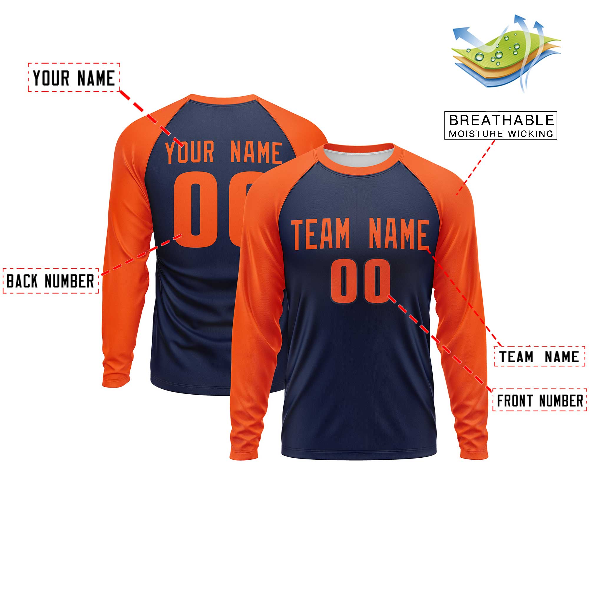 Custom Navy Orange Crew Neck Split Design Long Sleeve Performance T-Shirt