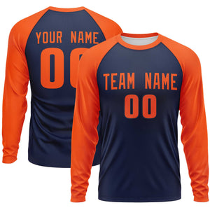 Custom Navy Orange Crew Neck Split Design Long Sleeve Performance T-Shirt