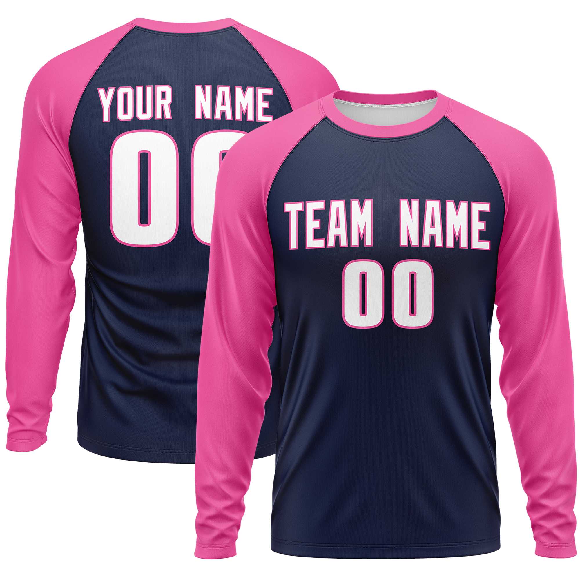 Custom Navy Pink Crew Neck Split Design Long Sleeve Performance T-Shirt