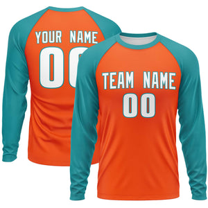 Custom Orange Aqua Crew Neck Split Design Long Sleeve Performance T-Shirt