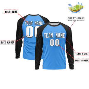 Custom Powder Blue Black Crew Neck Split Design Long Sleeve Performance T-Shirt