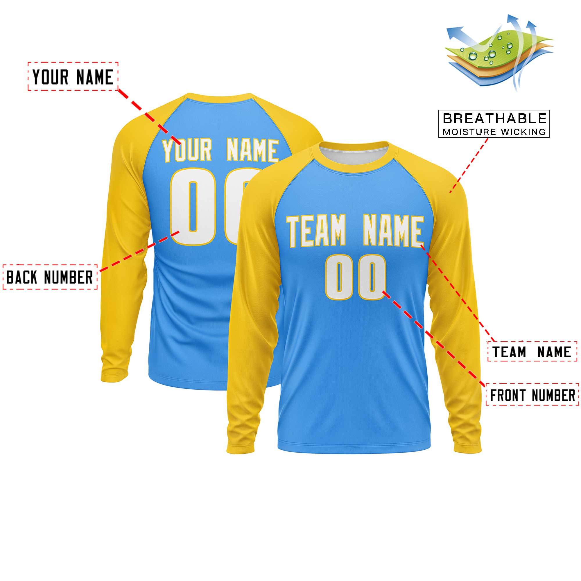 Custom Powder Blue Gold Crew Neck Split Design Long Sleeve Performance T-Shirt