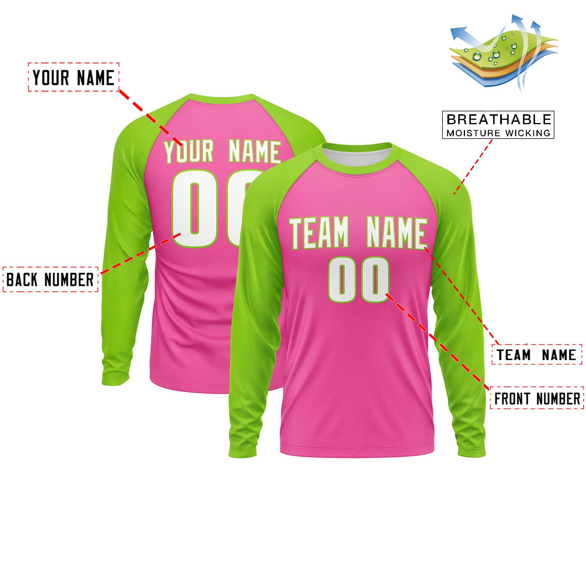 Custom Pink Neon Green Crew Neck Split Design Long Sleeve Performance T-Shirt