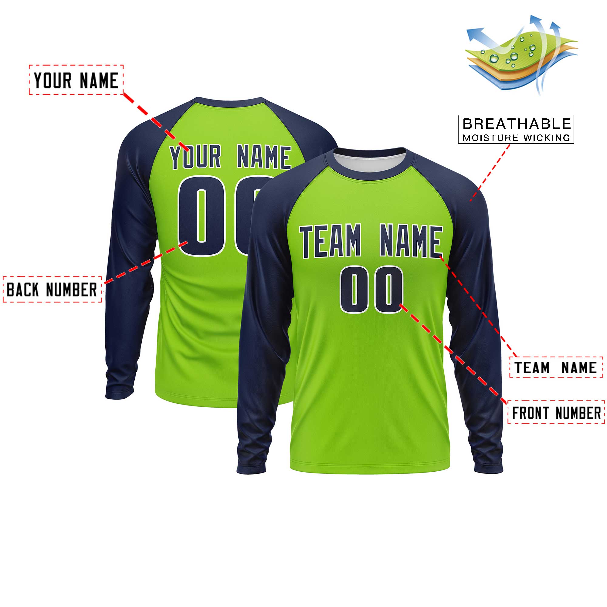 Custom Neon Green Navy Crew Neck Split Design Long Sleeve Performance T-Shirt