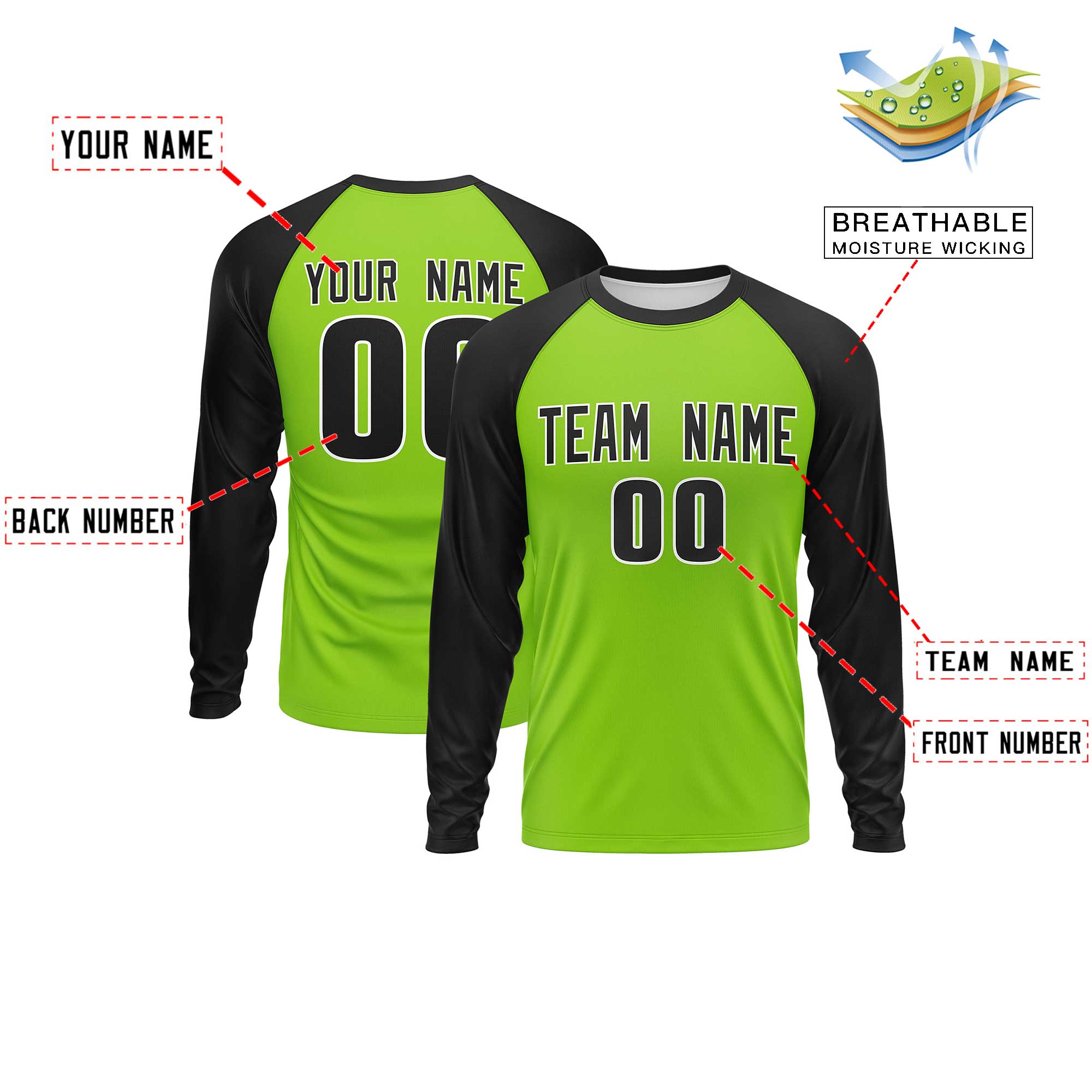 Custom Neon Green Black Crew Neck Split Design Long Sleeve Performance T-Shirt