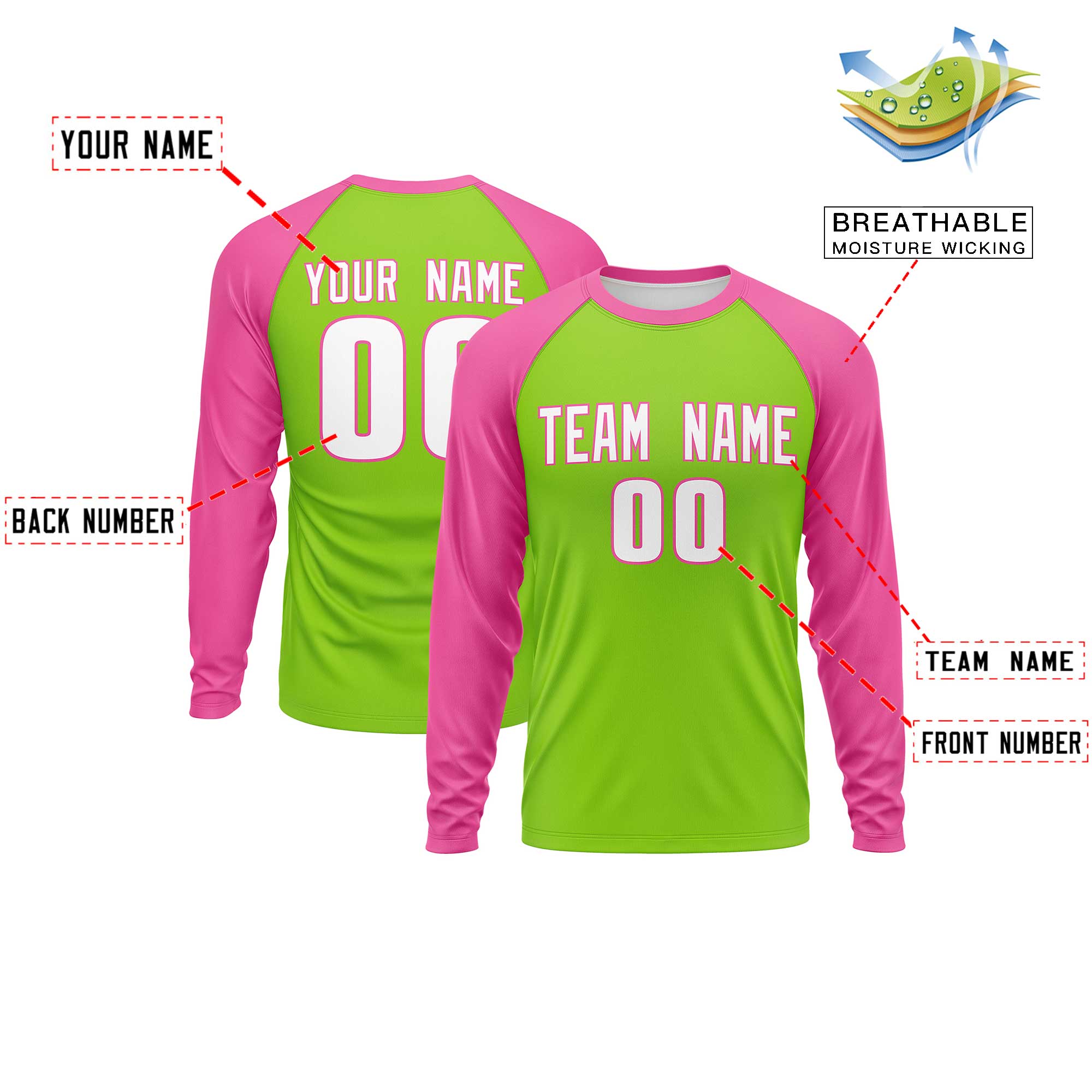 Custom Neon Green Pink Crew Neck Split Design Long Sleeve Performance T-Shirt