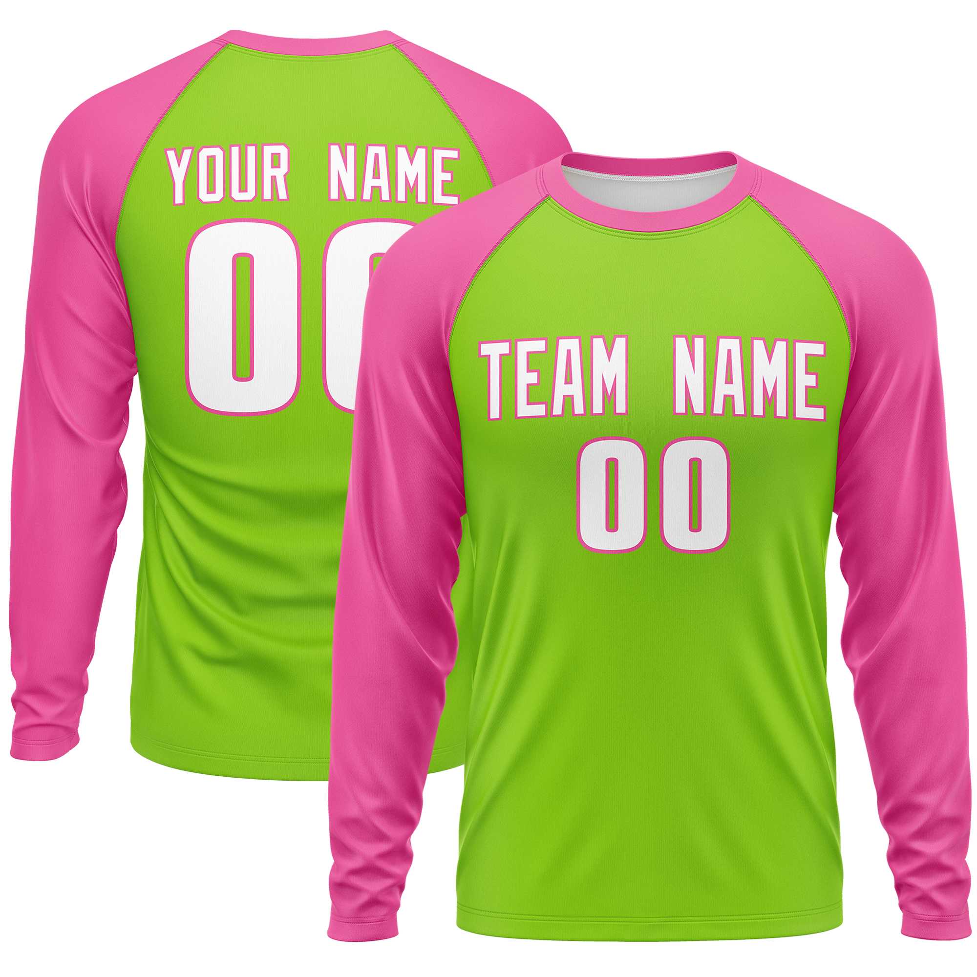 Custom Neon Green Pink Crew Neck Split Design Long Sleeve Performance T-Shirt