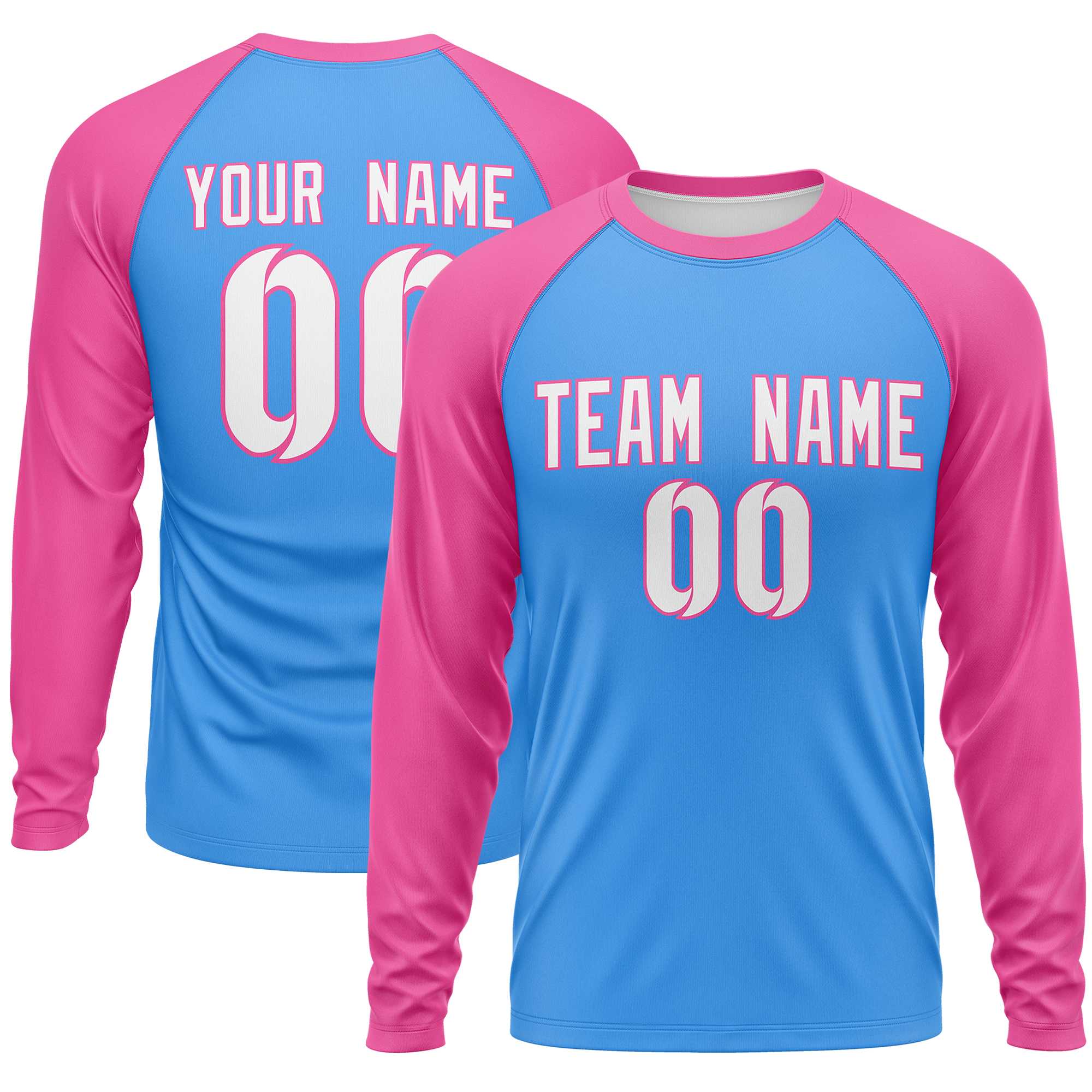 Custom Powder Blue Pink Crew Neck Split Design Long Sleeve Performance T-Shirt