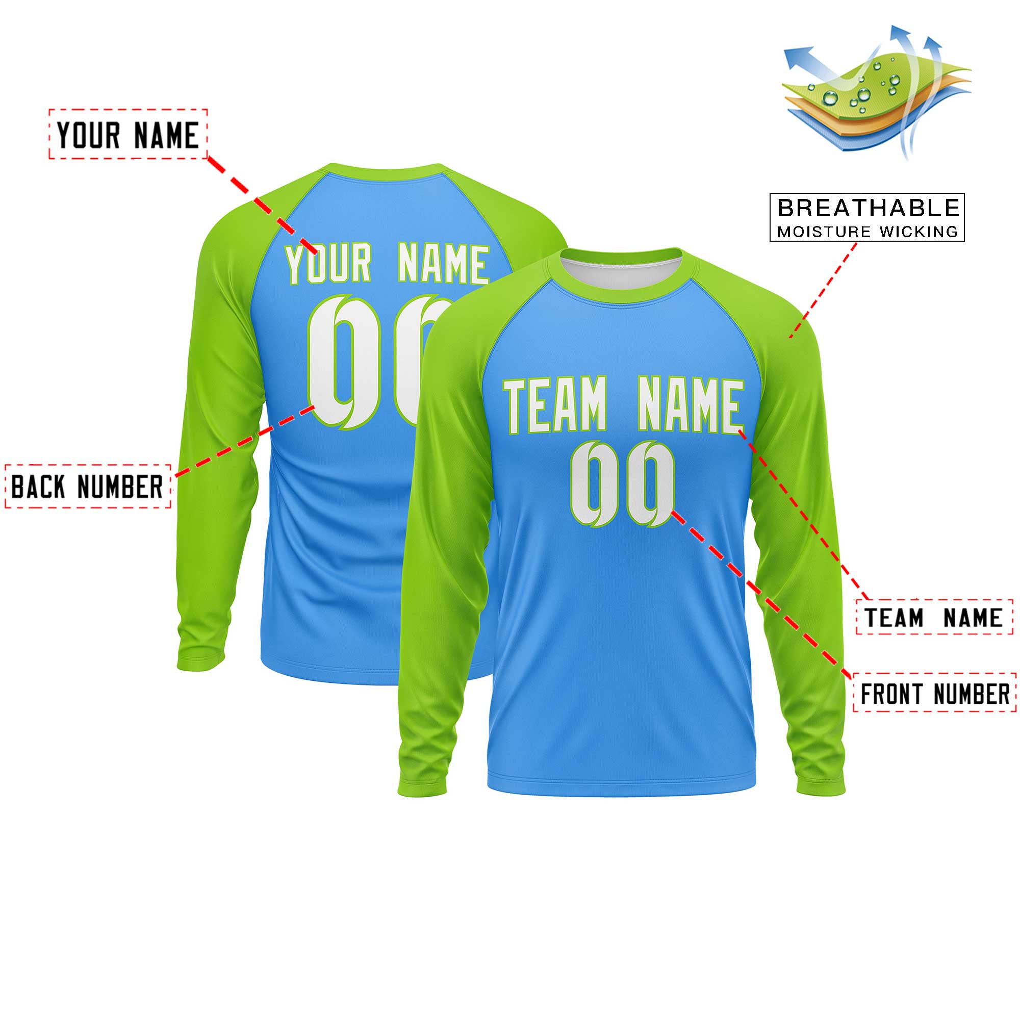 Custom Powder Blue Neon Green Crew Neck Split Design Long Sleeve Performance T-Shirt