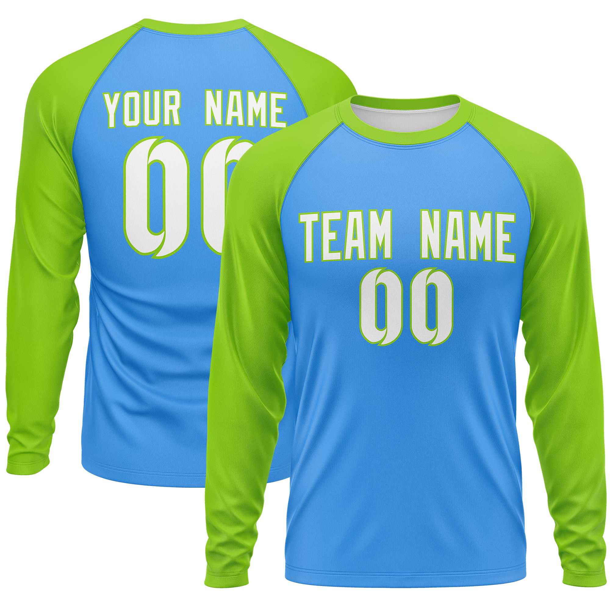 Custom Powder Blue Neon Green Crew Neck Split Design Long Sleeve Performance T-Shirt