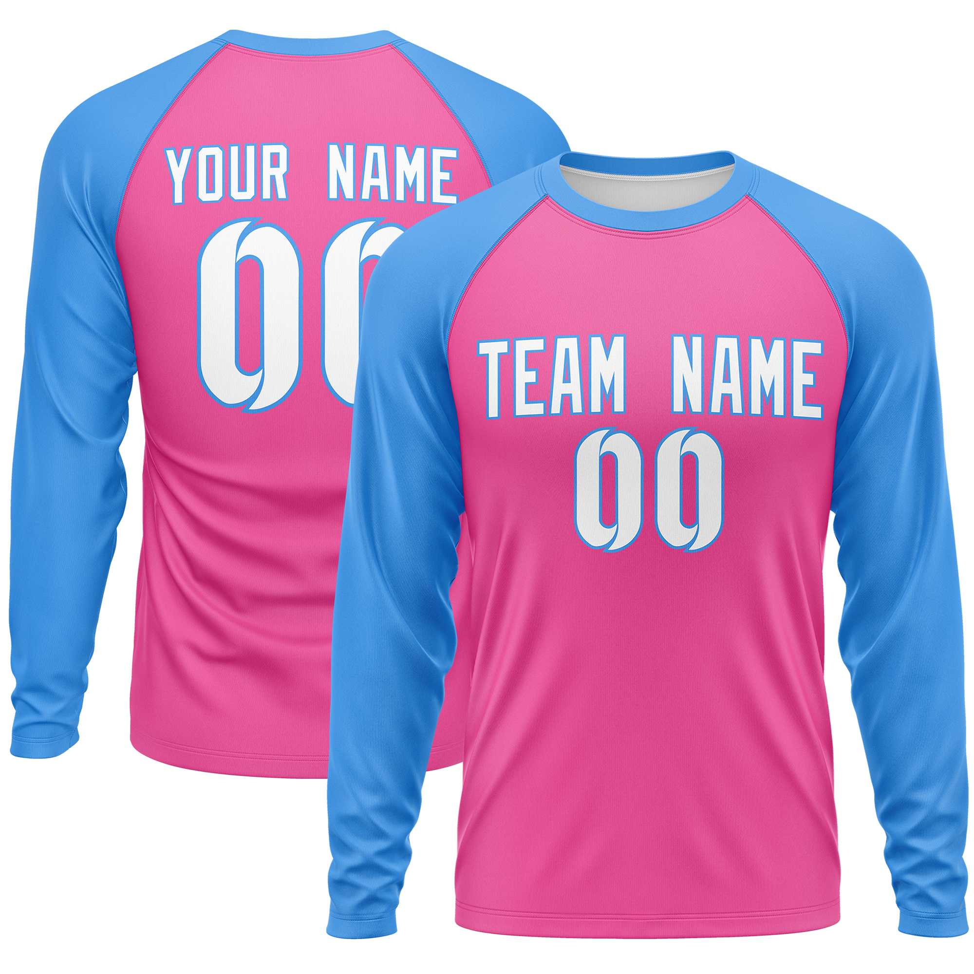 Custom Pink Powder Blue Crew Neck Split Design Long Sleeve Performance T-Shirt