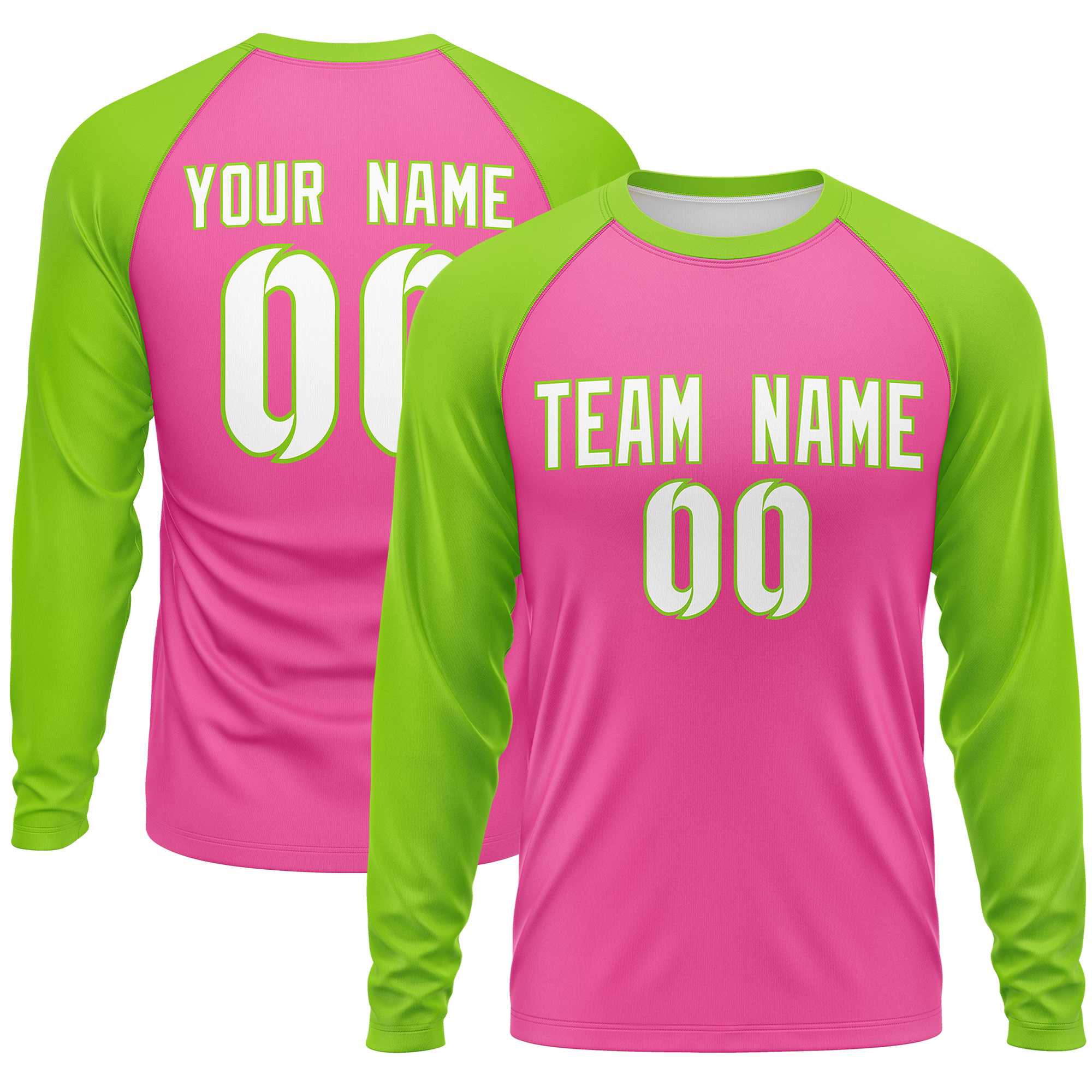 Custom Pink Neon Green Crew Neck Split Design Long Sleeve Performance T-Shirt